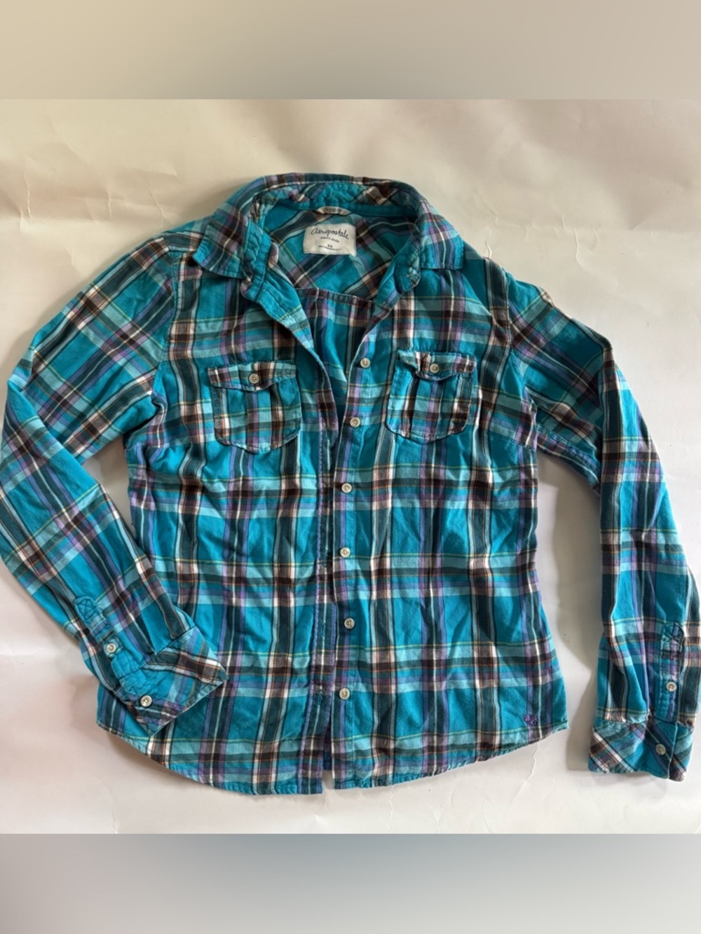 Y2K Aeropostale Teal and Purple Plaid Shirt size Medium